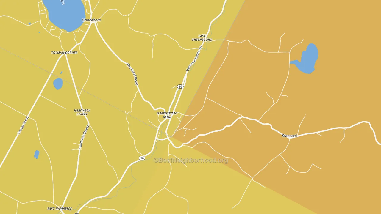 Map of the best neighborhoods in the Greensboro Bend area, with better matches in green and worse matches in red