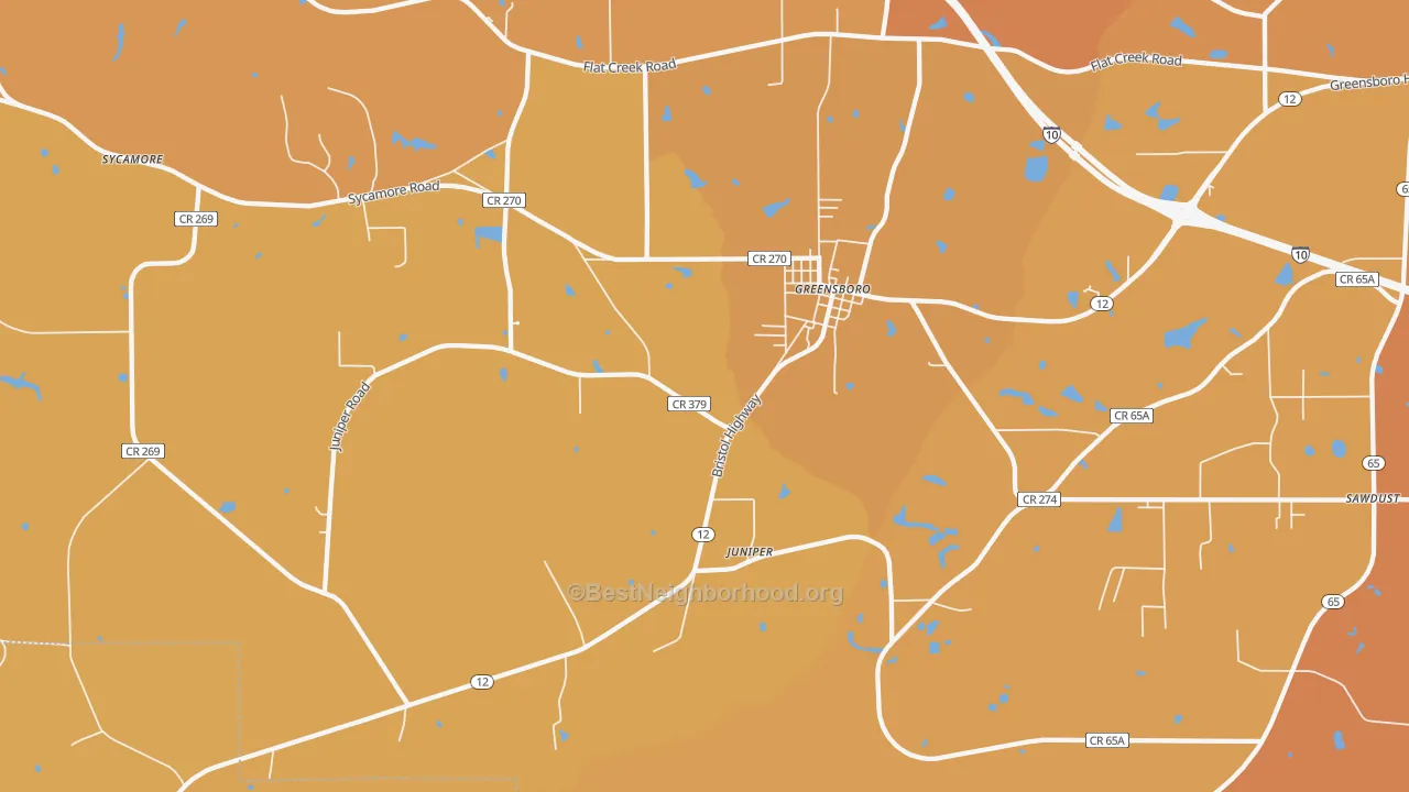 Map of the best neighborhoods in the Greensboro area, with better matches in green and worse matches in red