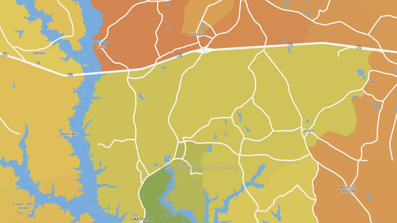Map of the best neighborhoods in the Greensboro area, with better matches in green and worse matches in red