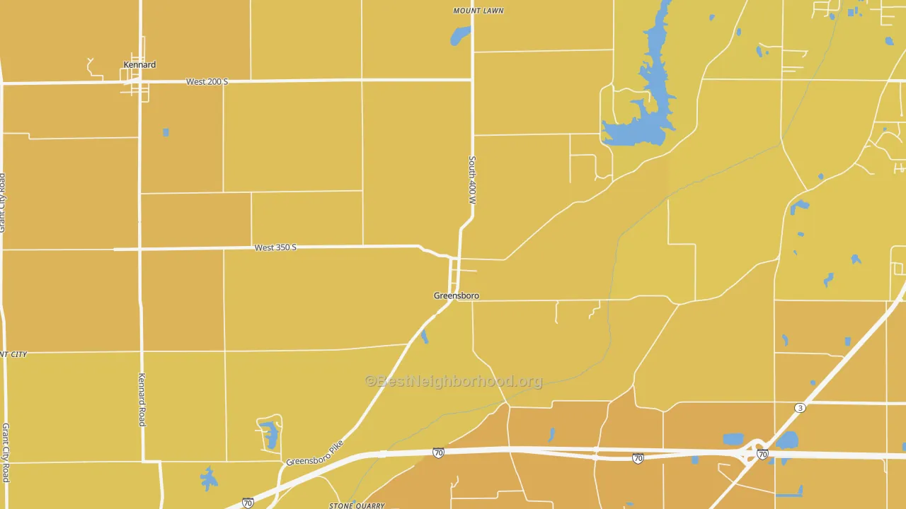 Map of the best neighborhoods in the Greensboro area, with better matches in green and worse matches in red
