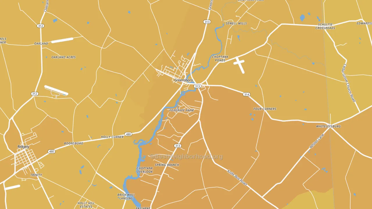 Map of the best neighborhoods in the Greensboro area, with better matches in green and worse matches in red