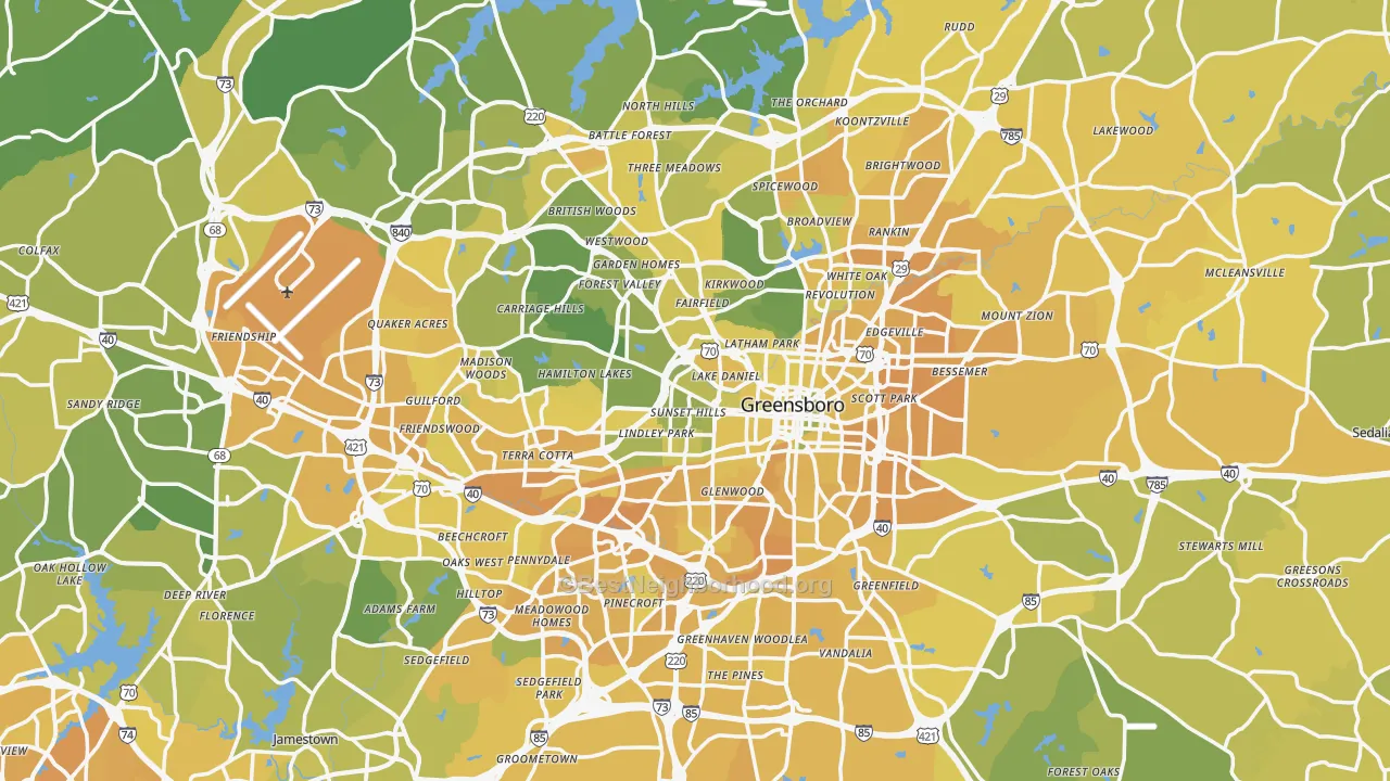 Map of the best neighborhoods in the Greensboro Metro area, with better matches in green and worse matches in red