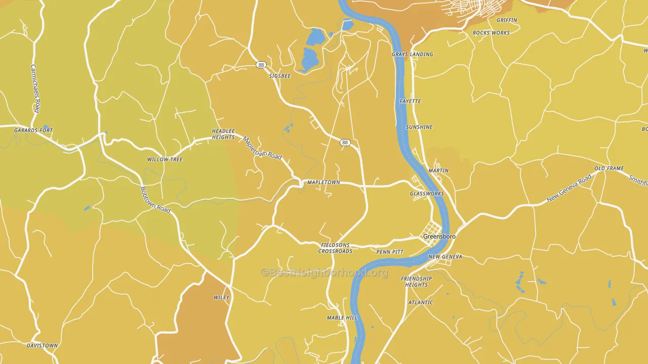 Map of the best neighborhoods in the Greensboro area, with better matches in green and worse matches in red