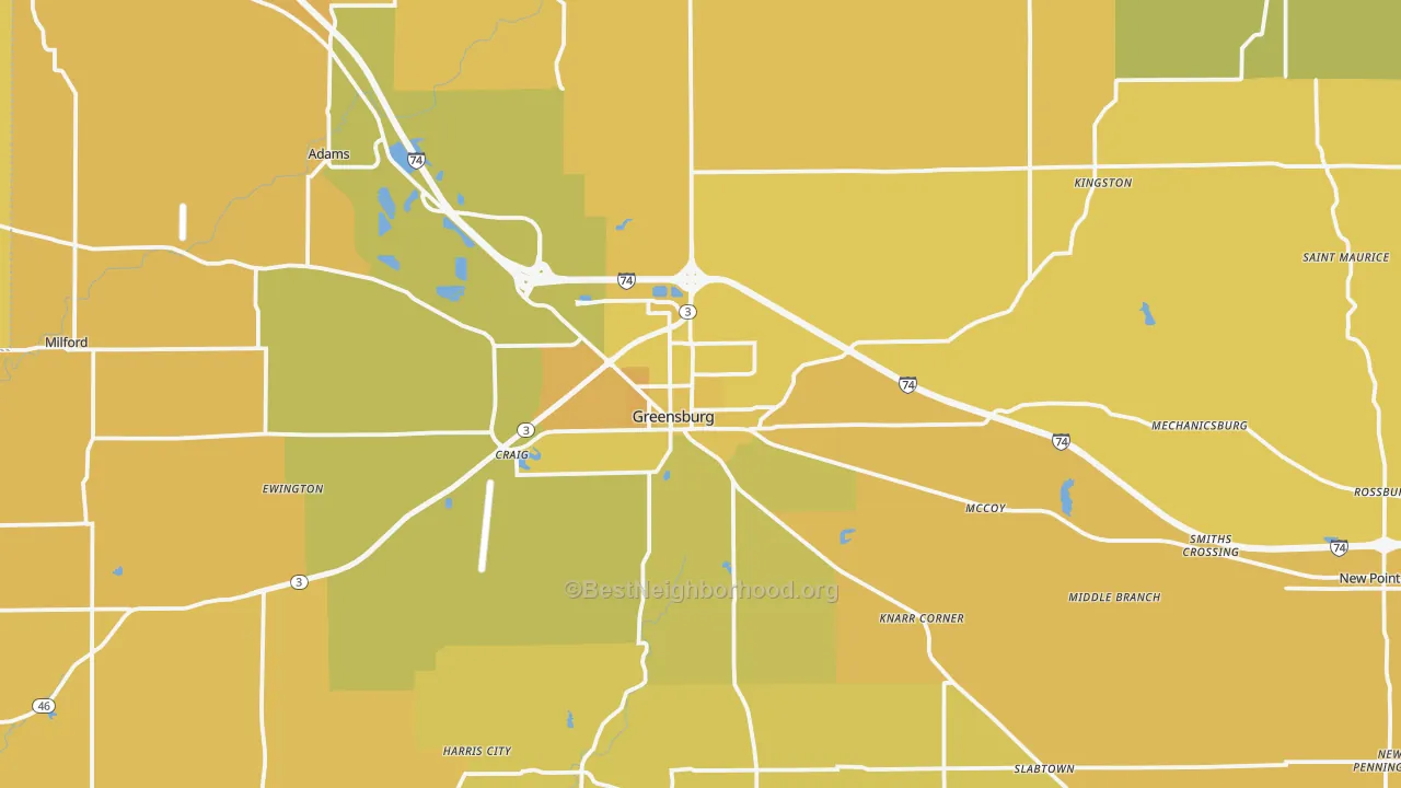 Map of the best neighborhoods in the Greensburg area, with better matches in green and worse matches in red