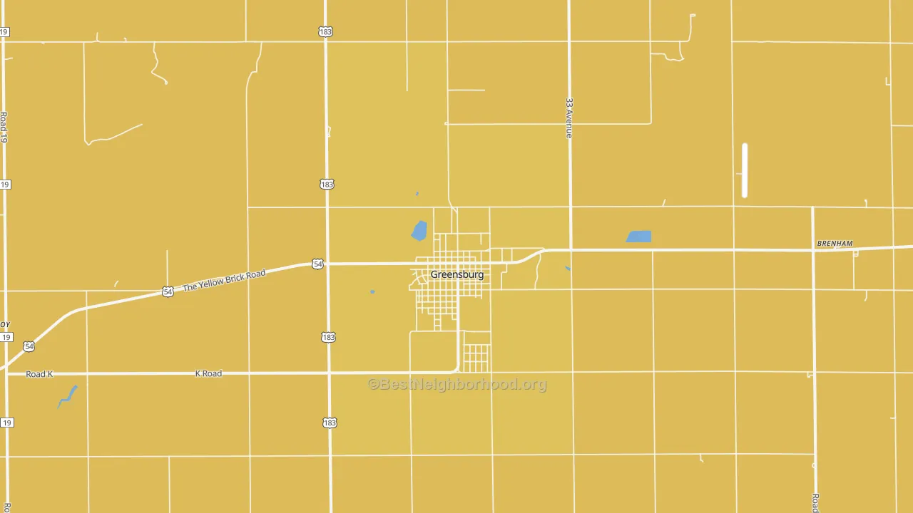 Map of the best neighborhoods in the Greensburg area, with better matches in green and worse matches in red