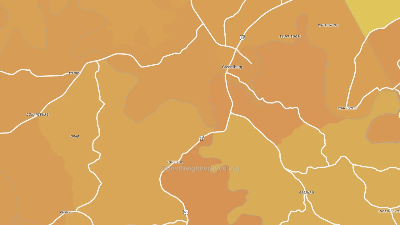 Map of the best neighborhoods in the Greensburg area, with better matches in green and worse matches in red