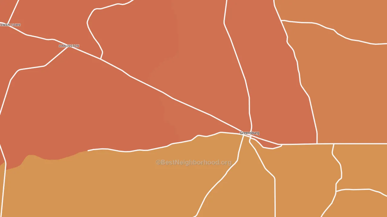 Map of the best neighborhoods in the Greensburg area, with better matches in green and worse matches in red