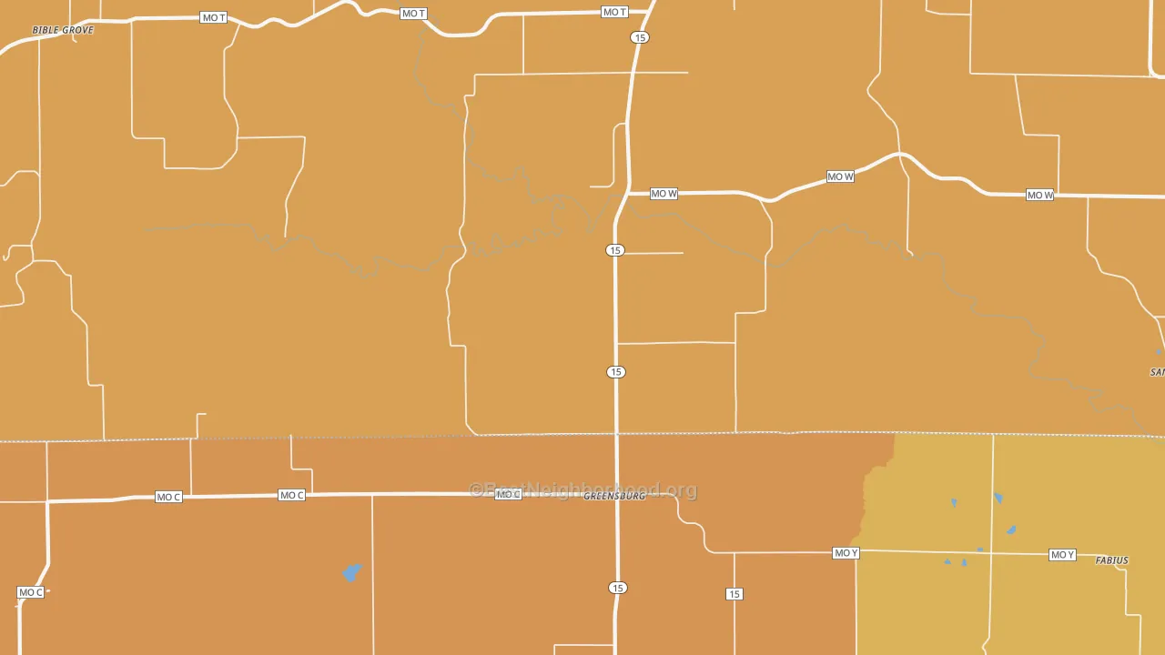 Map of the best neighborhoods in the Greensburg area, with better matches in green and worse matches in red