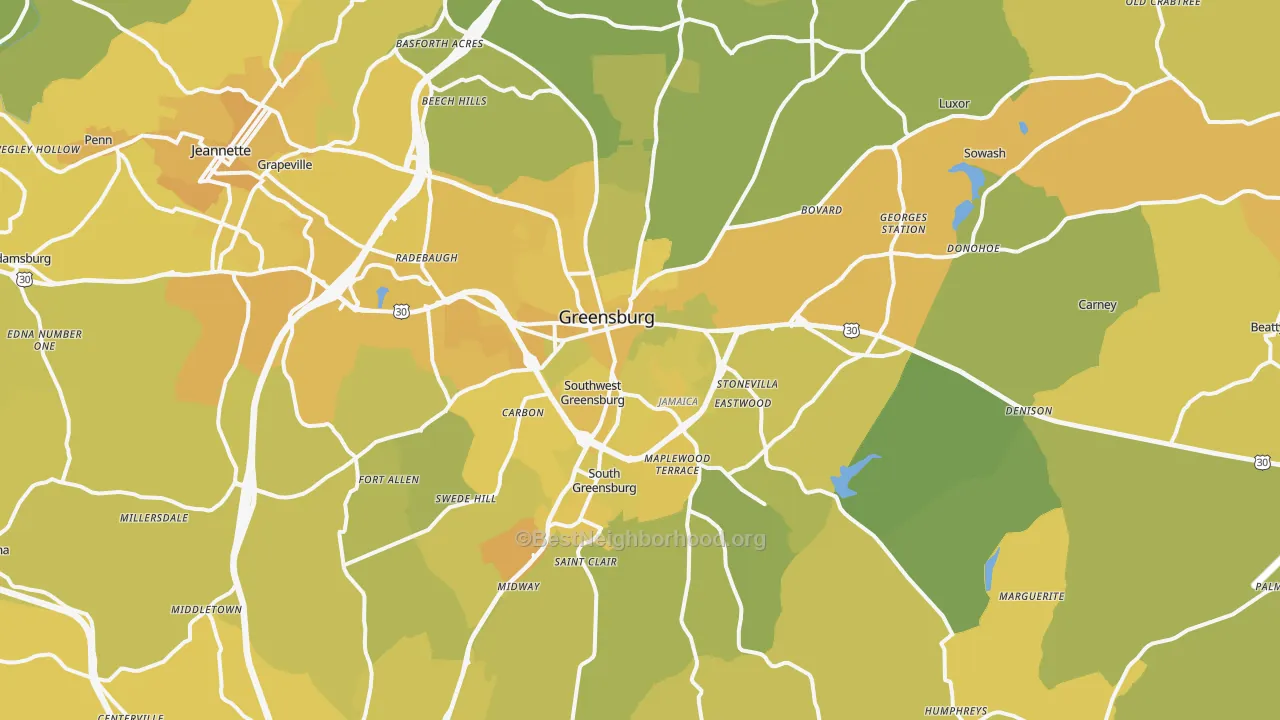 Map of the best neighborhoods in the Greensburg area, with better matches in green and worse matches in red