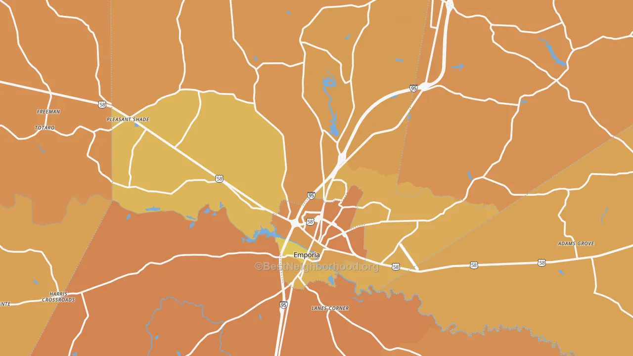 Map of the best neighborhoods in the Greensville County area, with better matches in green and worse matches in red