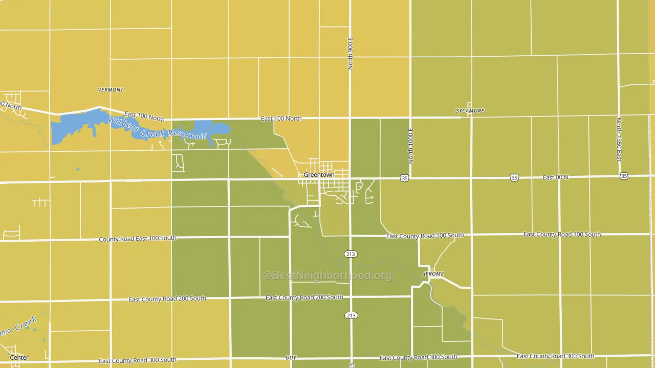 Map of the best neighborhoods in the Greentown area, with better matches in green and worse matches in red