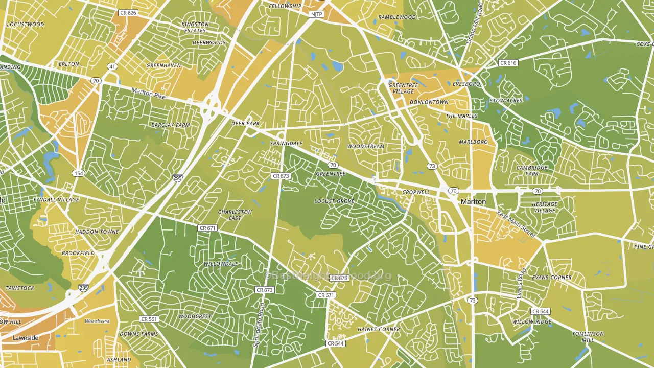 Map of the best neighborhoods in the Greentree area, with better matches in green and worse matches in red