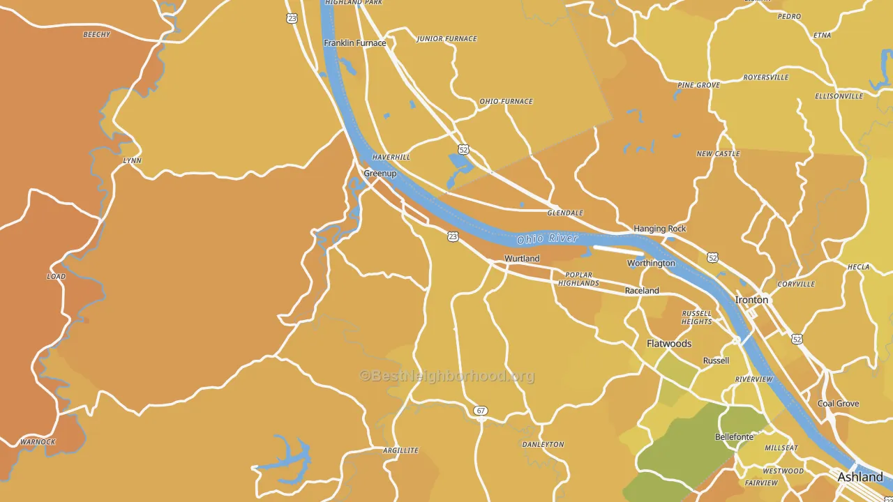 Map of the best neighborhoods in the Greenup County area, with better matches in green and worse matches in red
