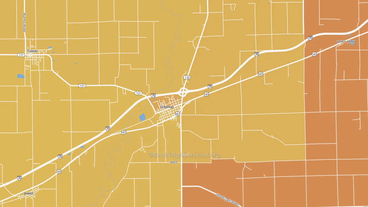 Map of the best neighborhoods in the Greenup area, with better matches in green and worse matches in red