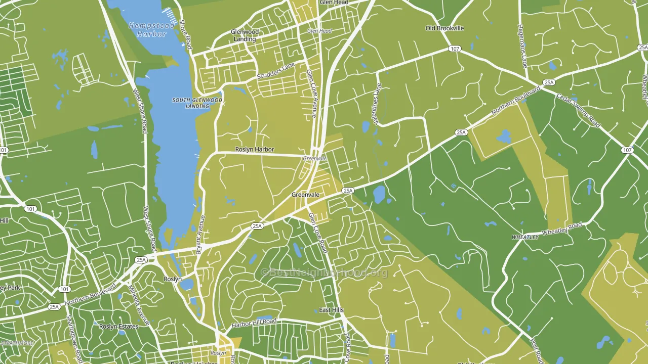 Map of the best neighborhoods in the Greenvale area, with better matches in green and worse matches in red