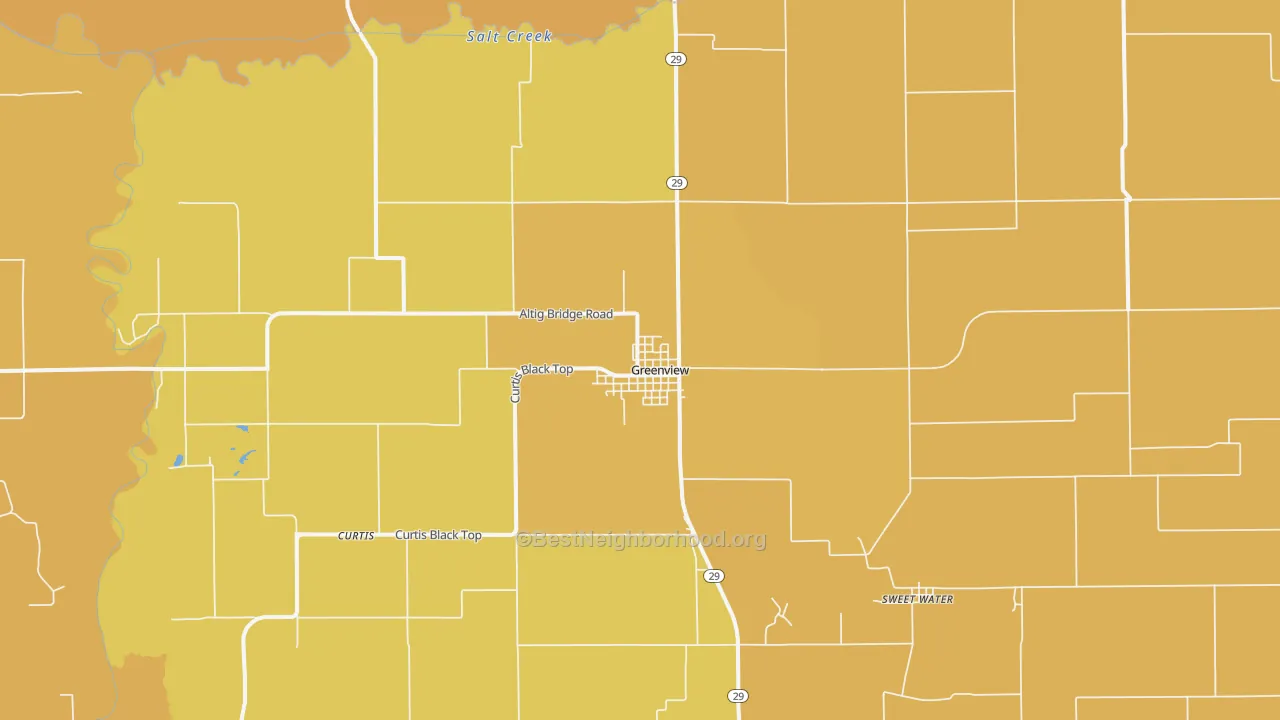 Map of the best neighborhoods in the Greenview area, with better matches in green and worse matches in red