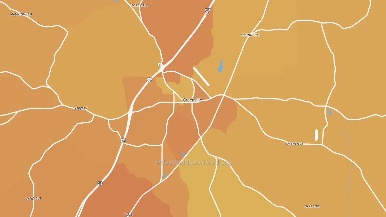 Map of the best neighborhoods in the Greenville area, with better matches in green and worse matches in red