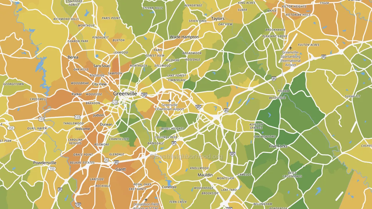 Map of the best neighborhoods in the Greenville County area, with better matches in green and worse matches in red