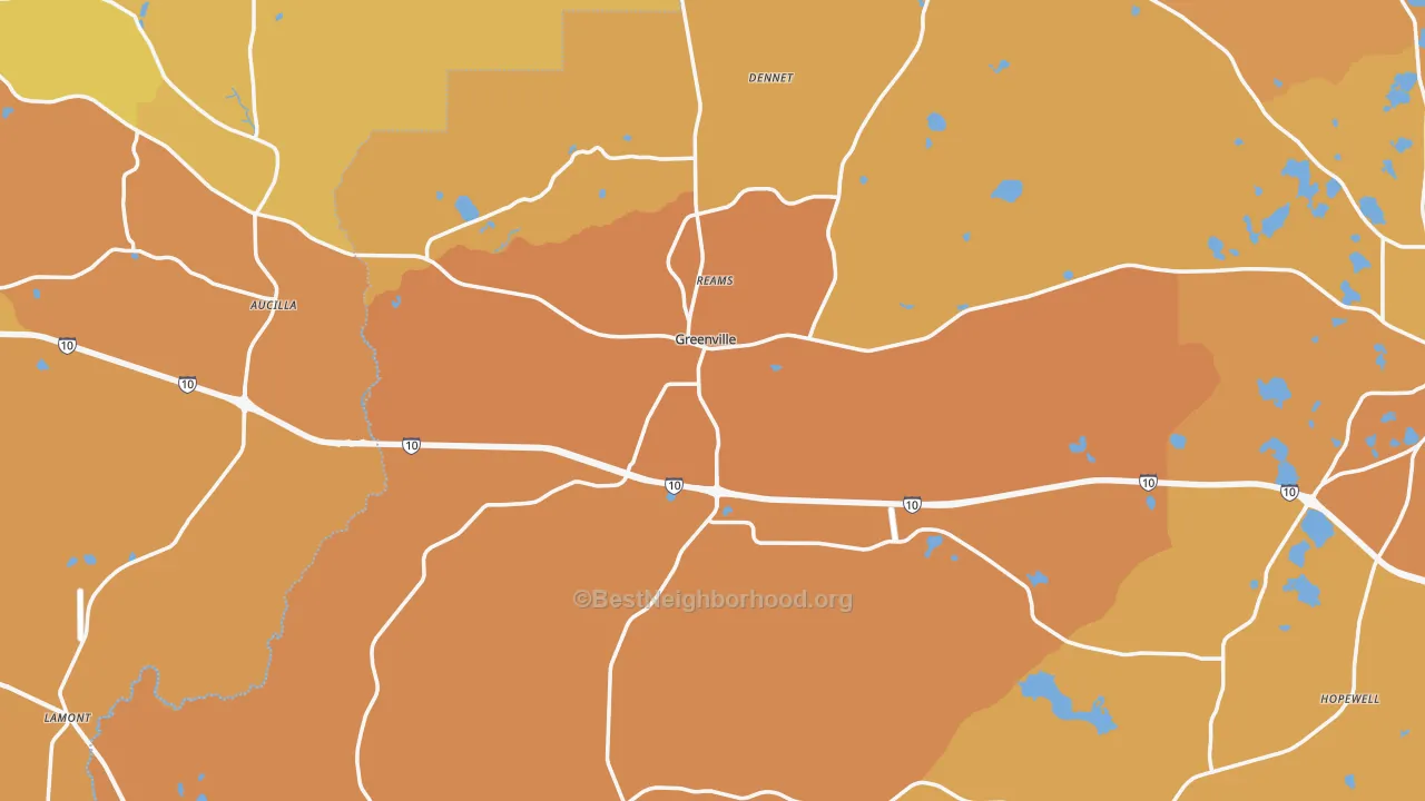 Map of the best neighborhoods in the Greenville area, with better matches in green and worse matches in red