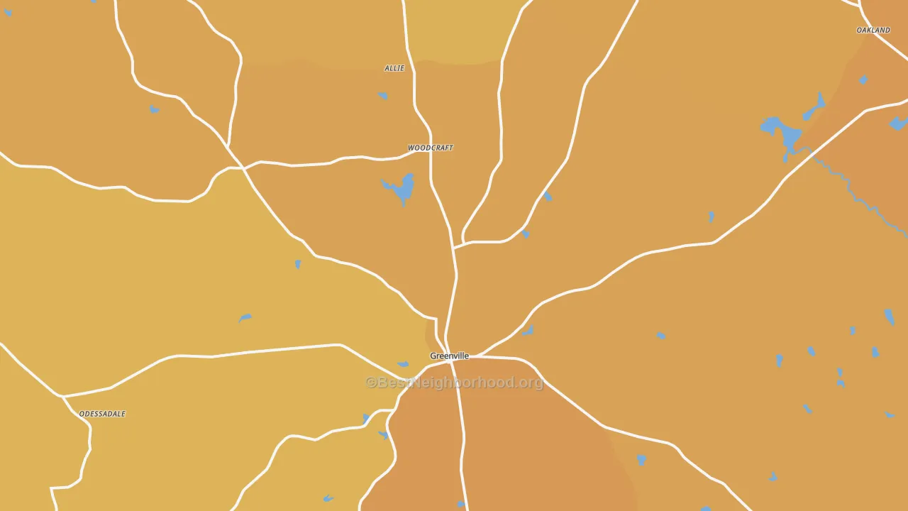 Map of the best neighborhoods in the Greenville area, with better matches in green and worse matches in red