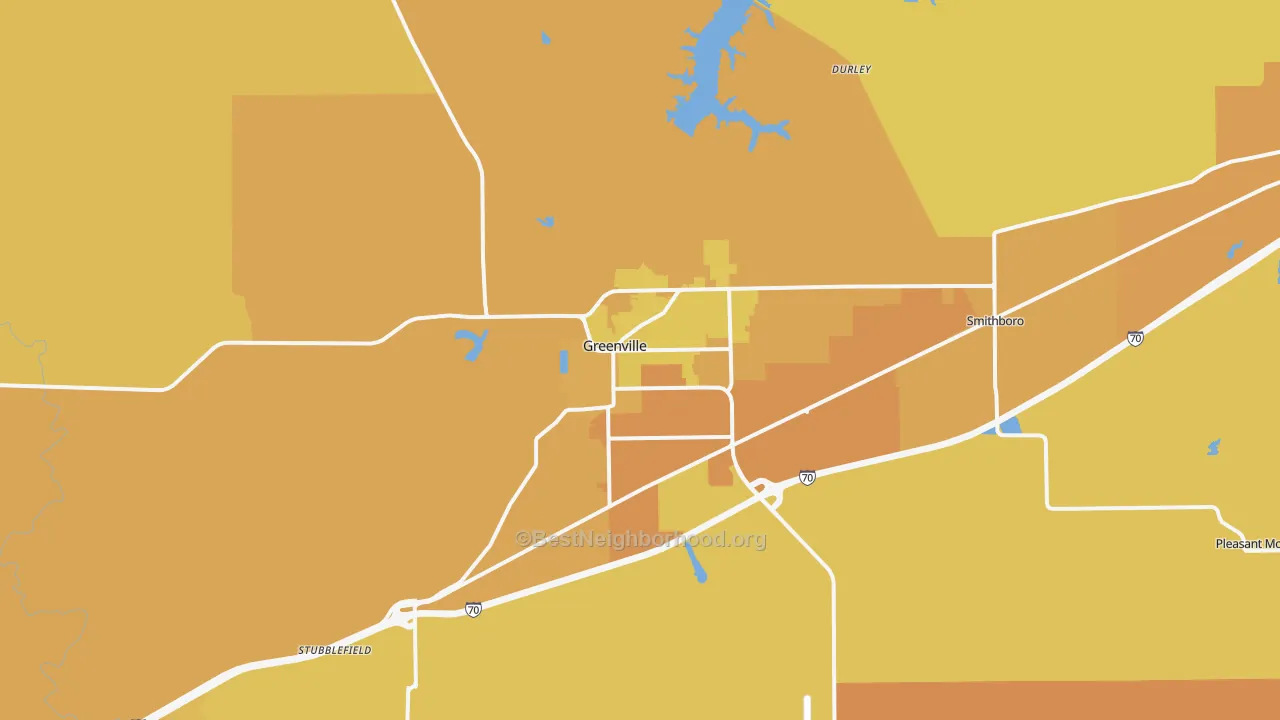 Map of the best neighborhoods in the Greenville area, with better matches in green and worse matches in red