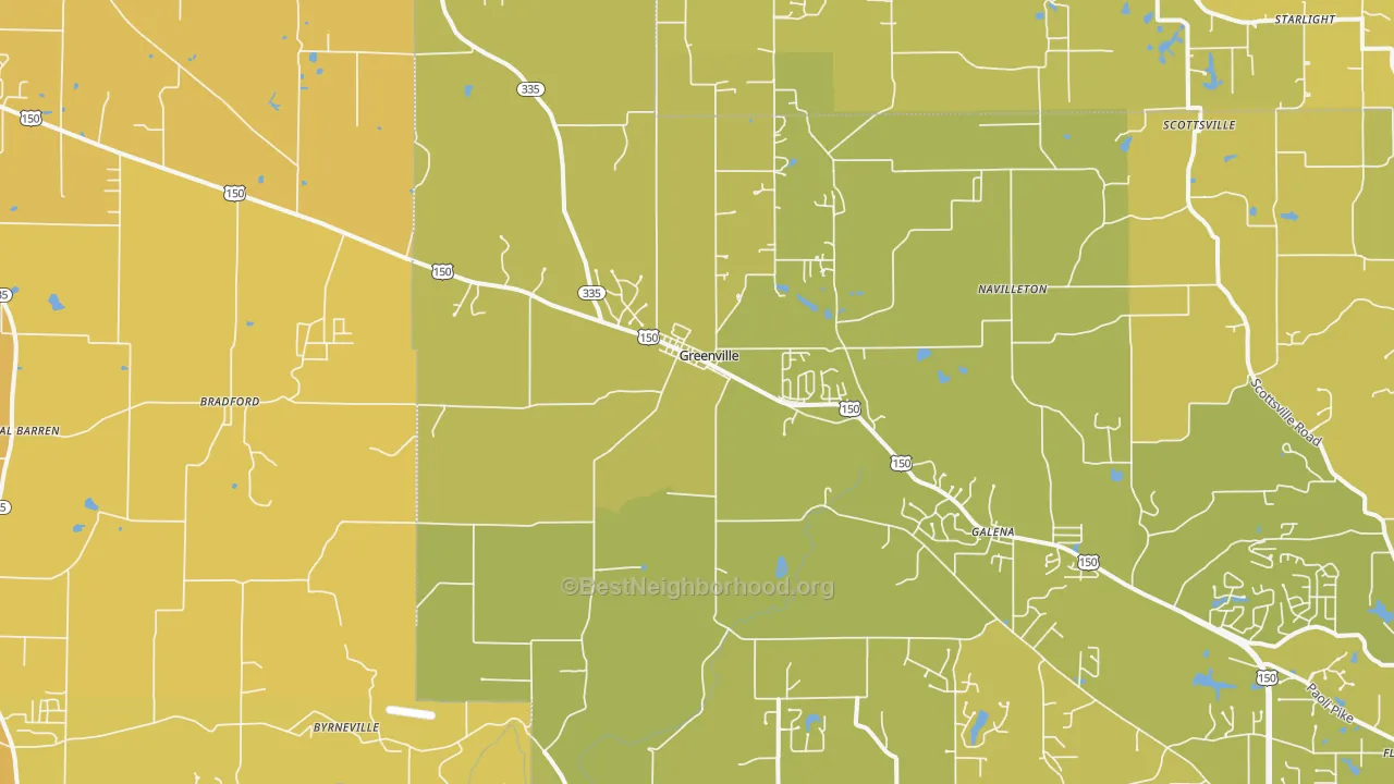 Map of the best neighborhoods in the Greenville area, with better matches in green and worse matches in red