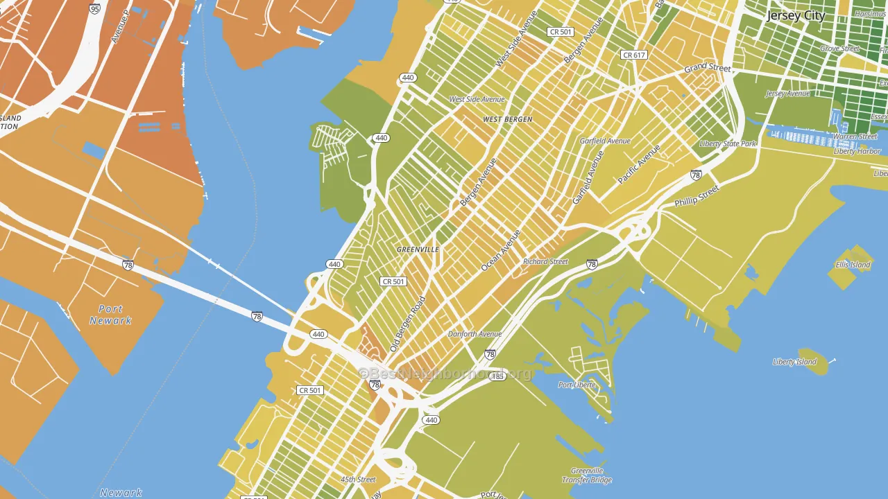 Map of the best neighborhoods in the Greenville, Jersey City area, with better matches in green and worse matches in red