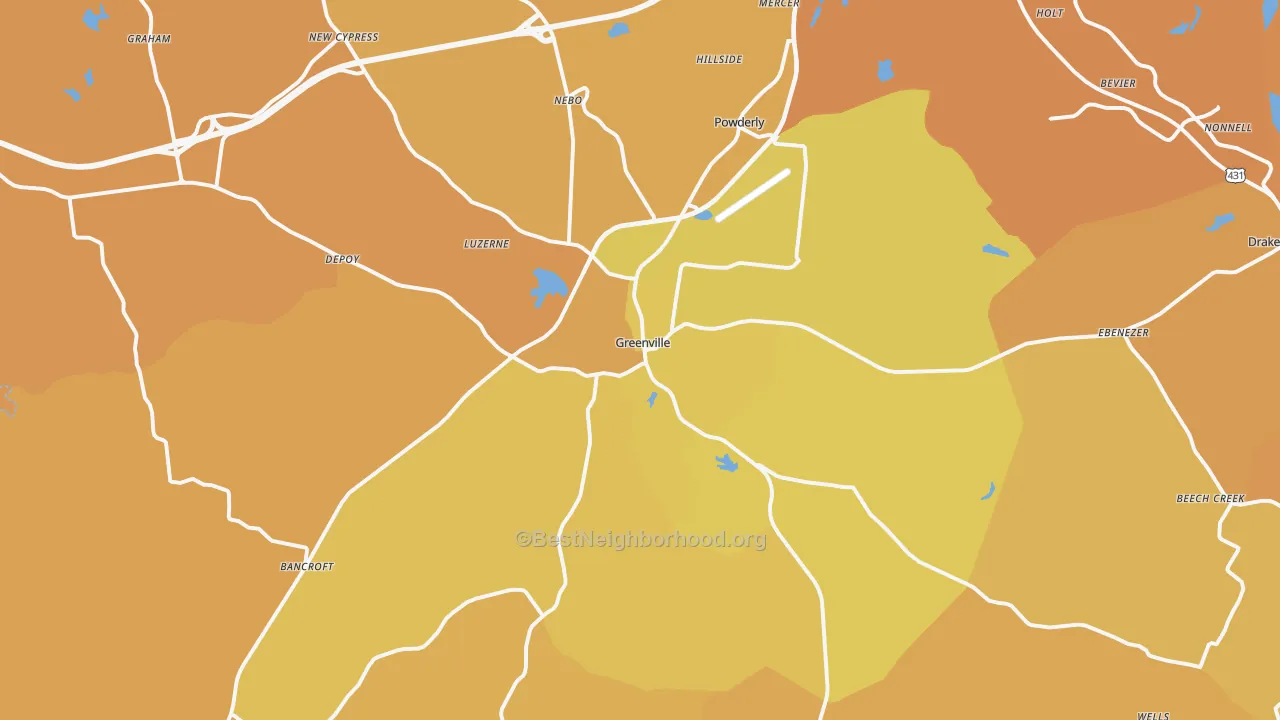Map of the best neighborhoods in the Greenville area, with better matches in green and worse matches in red