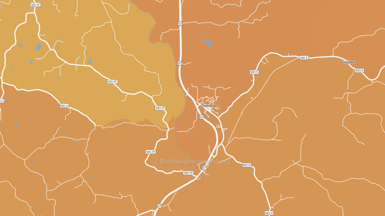Map of the best neighborhoods in the Greenville area, with better matches in green and worse matches in red