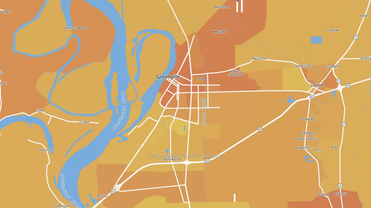 Map of the best neighborhoods in the Greenville area, with better matches in green and worse matches in red