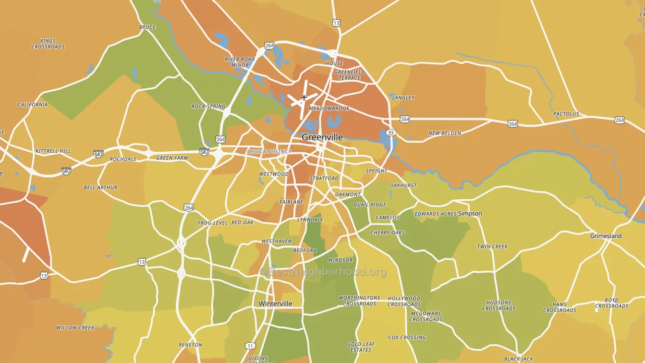 Map of the best neighborhoods in the Greenville Metro area, with better matches in green and worse matches in red