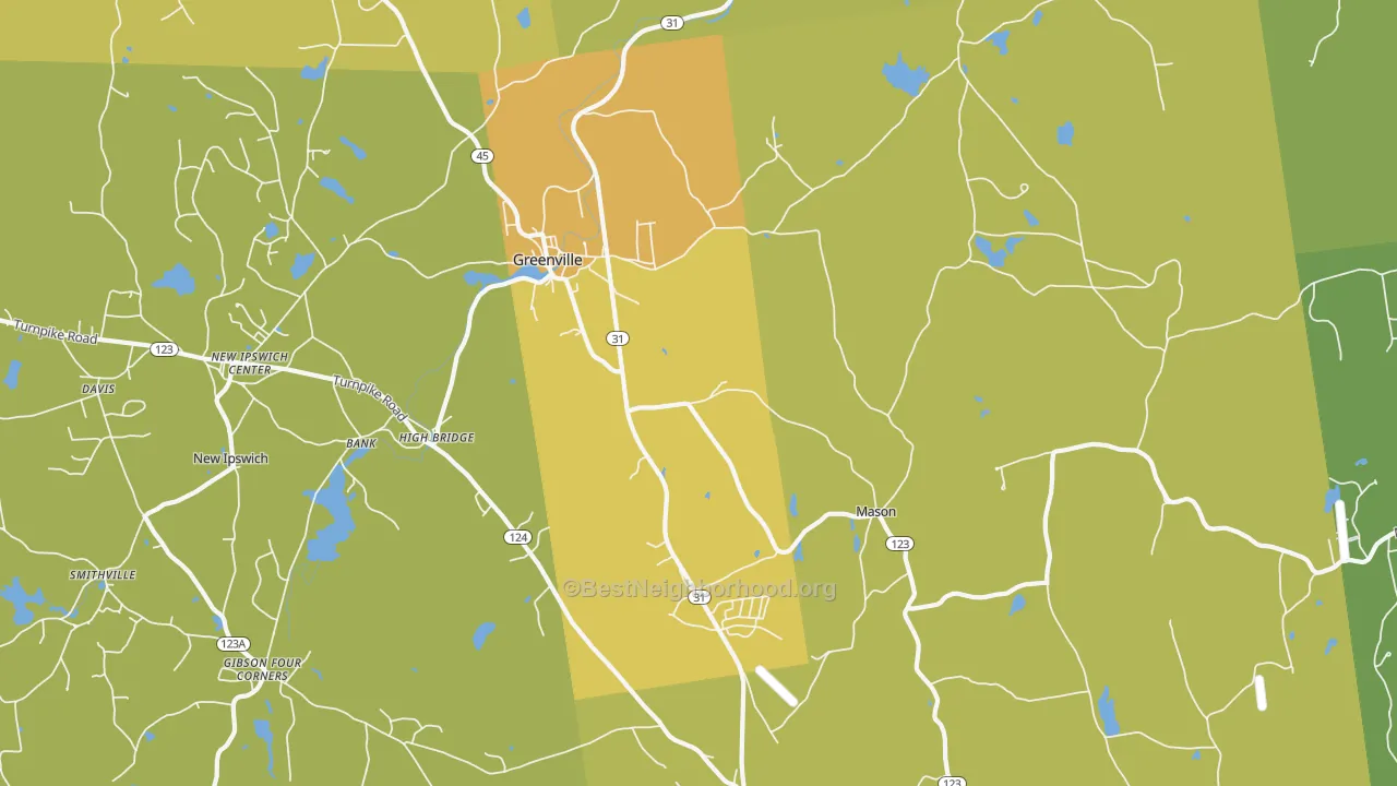 Map of the best neighborhoods in the Greenville area, with better matches in green and worse matches in red