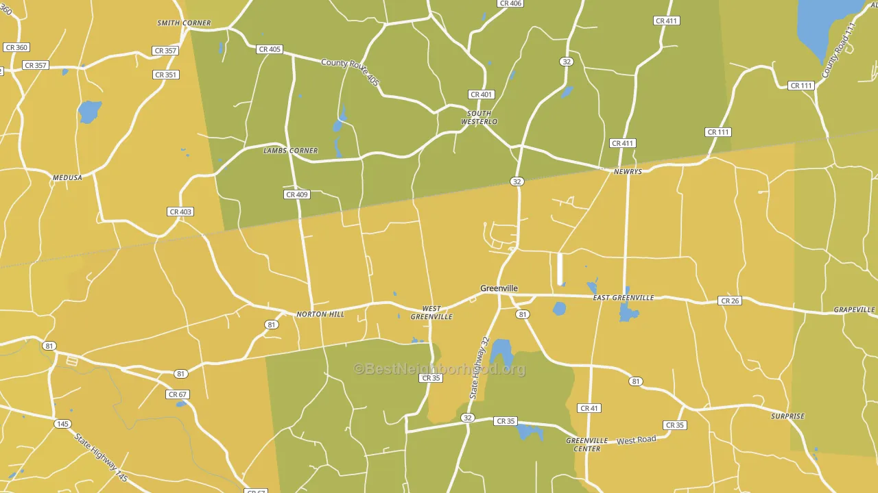 Map of the best neighborhoods in the Greenville area, with better matches in green and worse matches in red