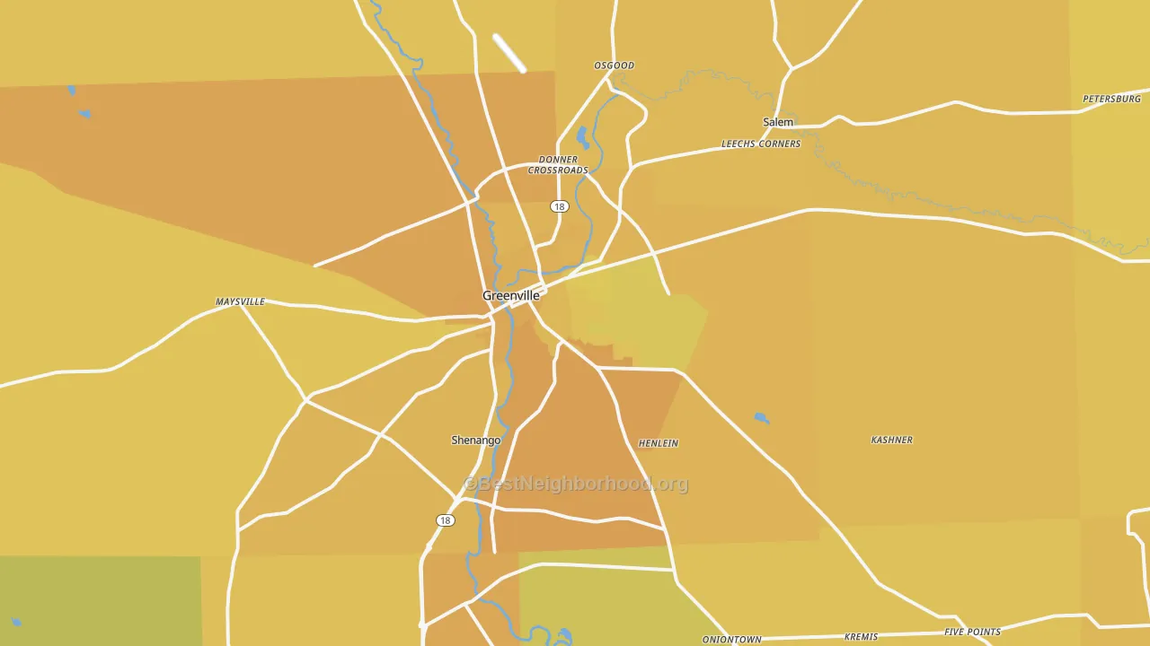 Map of the best neighborhoods in the Greenville area, with better matches in green and worse matches in red