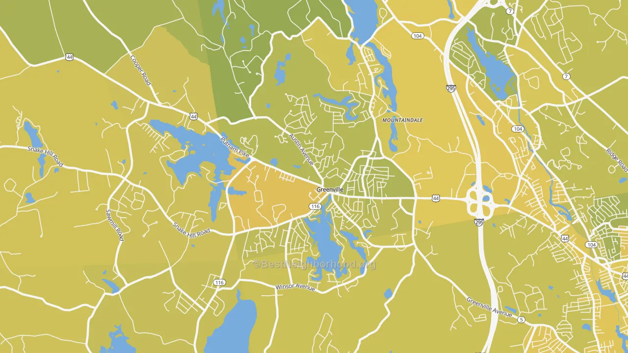 Map of the best neighborhoods in the Greenville area, with better matches in green and worse matches in red