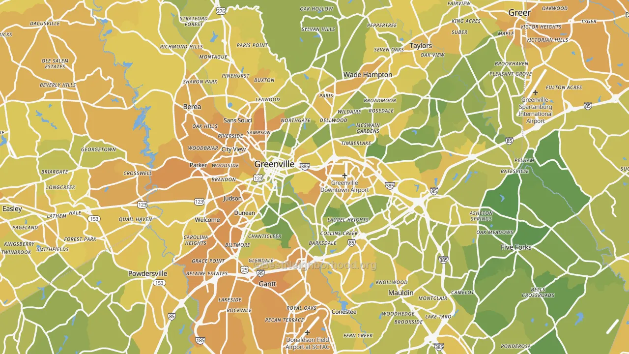 Map of the best neighborhoods in the Greenville Metro area, with better matches in green and worse matches in red