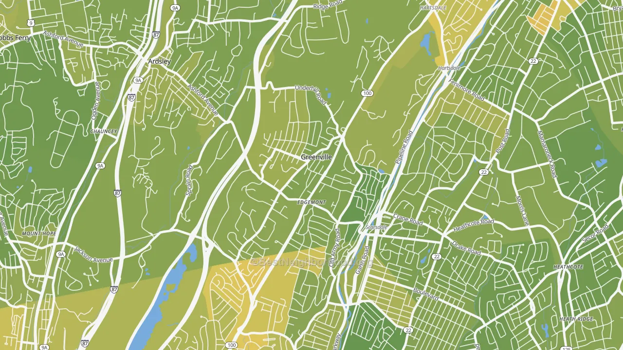 Map of the best neighborhoods in the Greenville, Scarsdale area, with better matches in green and worse matches in red