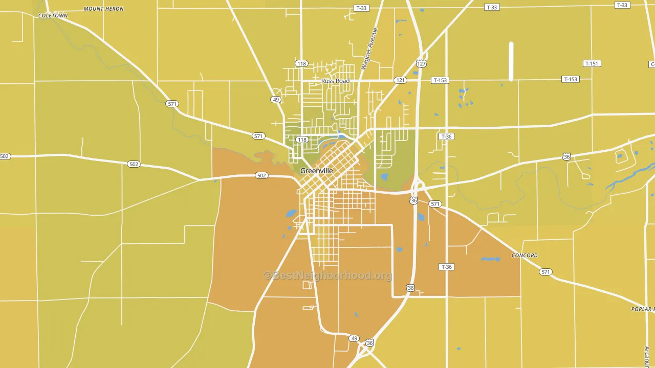 Map of the best neighborhoods in the Greenville South Broadway Historic District, Greenville area, with better matches in green and worse matches in red