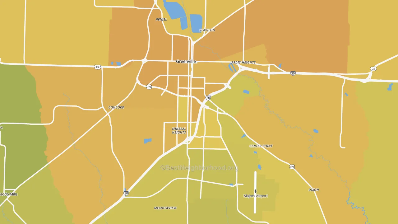 Map of the best neighborhoods in the Greenville area, with better matches in green and worse matches in red