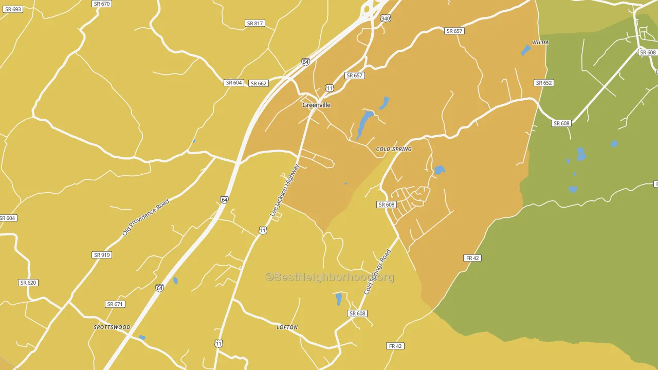 Map of the best neighborhoods in the Greenville area, with better matches in green and worse matches in red