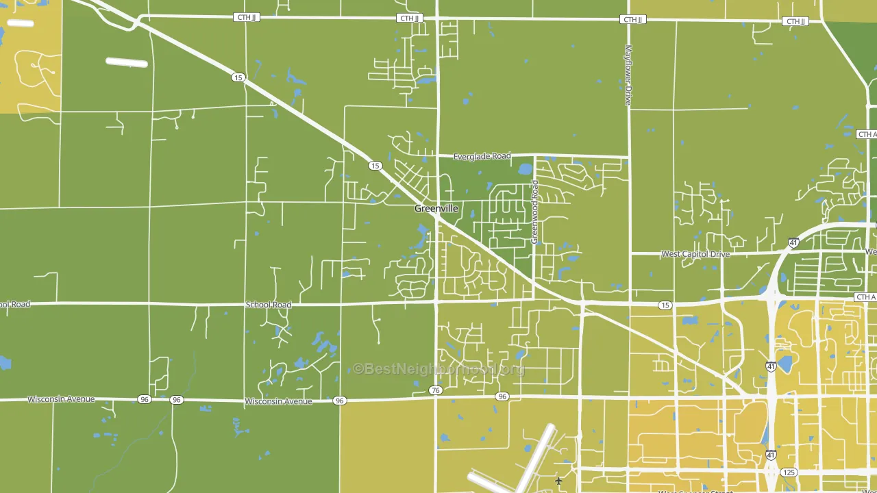 Map of the best neighborhoods in the Greenville area, with better matches in green and worse matches in red