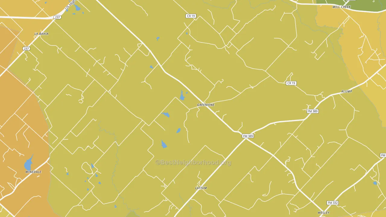 Map of the best neighborhoods in the Greenvine area, with better matches in green and worse matches in red