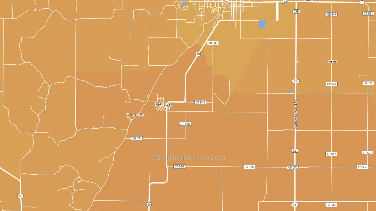 Map of the best neighborhoods in the Greenway area, with better matches in green and worse matches in red