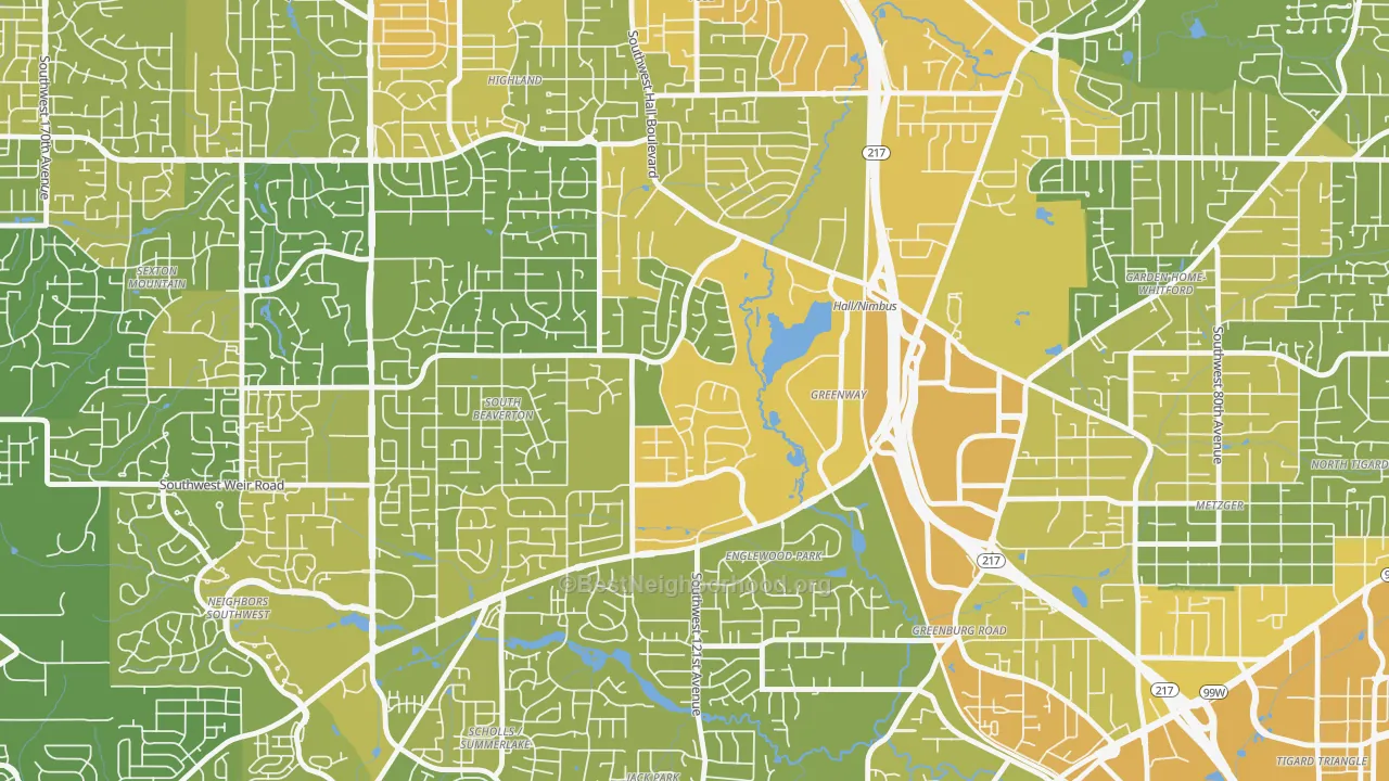 Map of the best neighborhoods in the Greenway, Beaverton area, with better matches in green and worse matches in red
