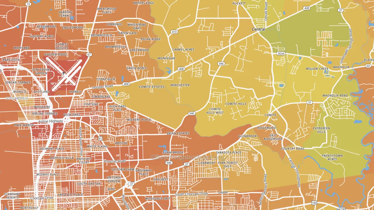 Map of the best neighborhoods in the Greenwell Springs-Central Area, Baton Rouge area, with better matches in green and worse matches in red