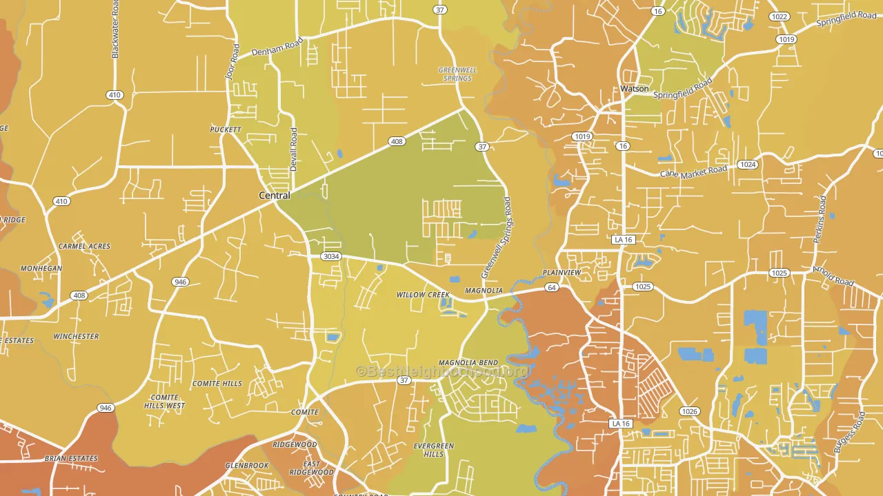 Map of the best neighborhoods in the Greenwell Springs area, with better matches in green and worse matches in red