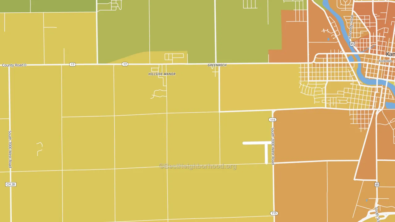 Map of the best neighborhoods in the Greenwich area, with better matches in green and worse matches in red