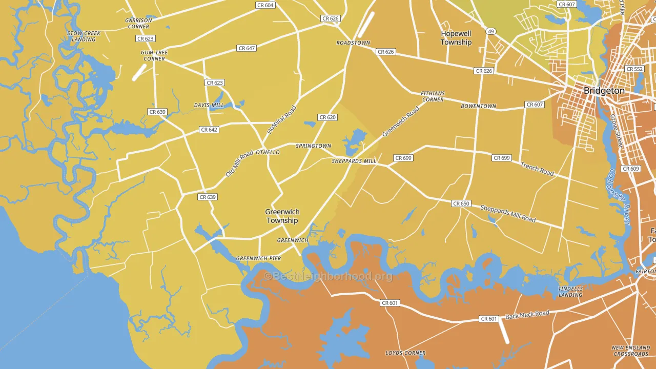 Map of the best neighborhoods in the Greenwich area, with better matches in green and worse matches in red