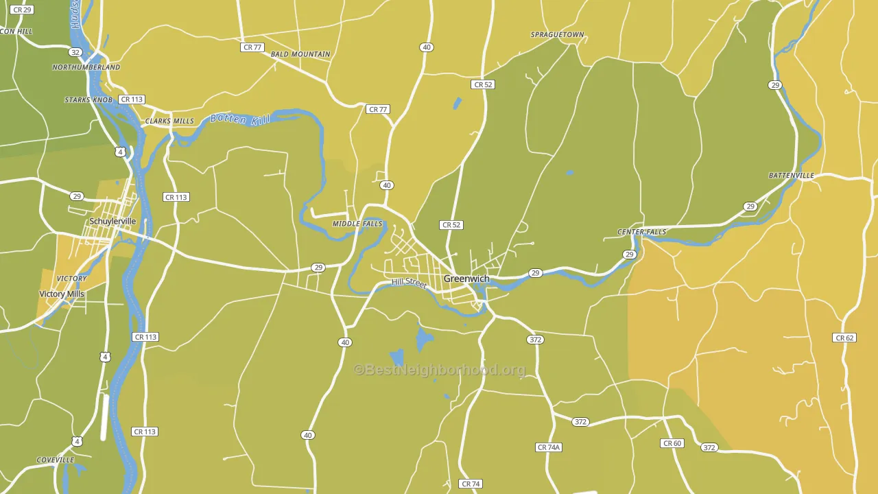 Map of the best neighborhoods in the Greenwich area, with better matches in green and worse matches in red