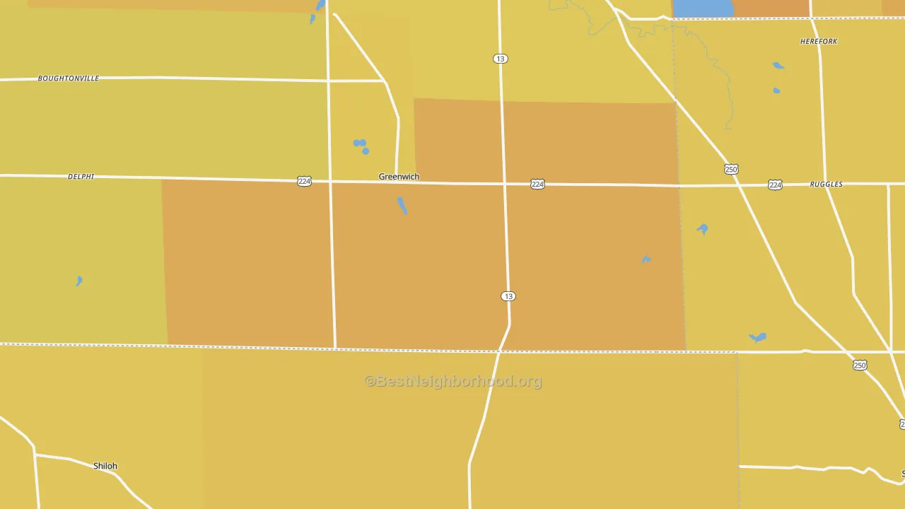 Map of the best neighborhoods in the Greenwich area, with better matches in green and worse matches in red